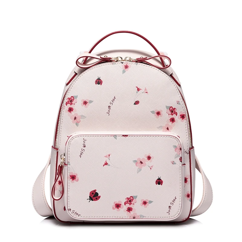 

JUST STAR PU Leather Ladies Double Shoulder Bags High Quality Fashion Flowers Printing Romantic Women's Backpack