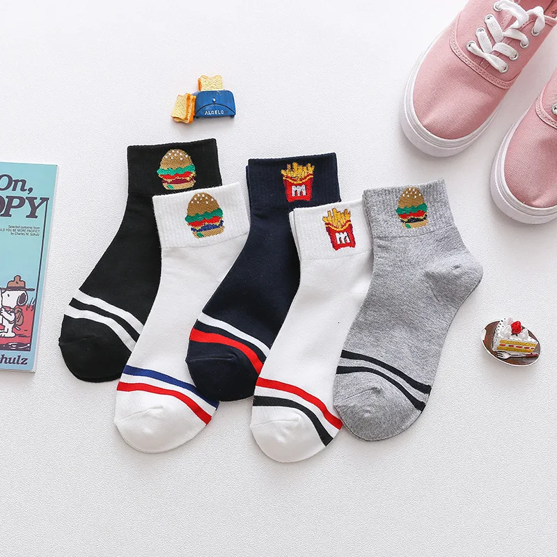 SP& CITY 5 пар/ком2/мультяшные хлопковые носки с рисунком гамбургера картофеля фри Женские Повседневные Дышащие забавные носки уличная одежда для еды