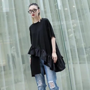 

Johnature 2020 New Casual Simple O-neck Short Sleeve Loose Womens Tops And Bloues Summer Patchwork Ruffles Female T-Shirts