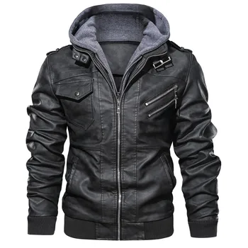 

Men's Autumn Winter Hoodie Jacket Hat Detachable Pure Color Imitation Synthetic Leather Coat fashion Motor jacket for male 109