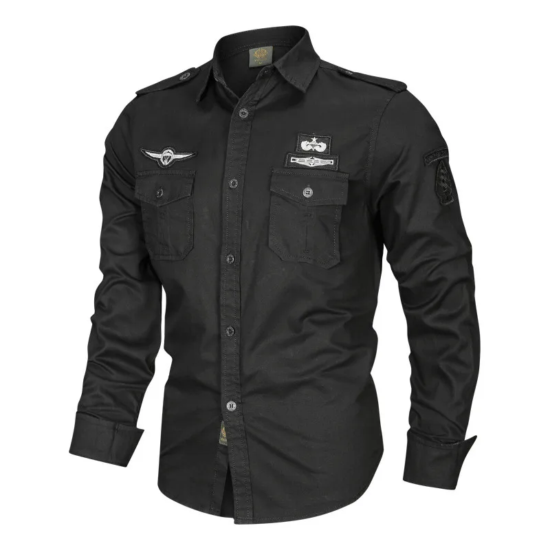 MORUANCLE мужские повседневные рубашки-карго с эполетами в стиле милитари, тактические Рубашки, Топы, Мужская одежда для полета, Бомбер, большие размеры, M-6XL - Цвет: Черный
