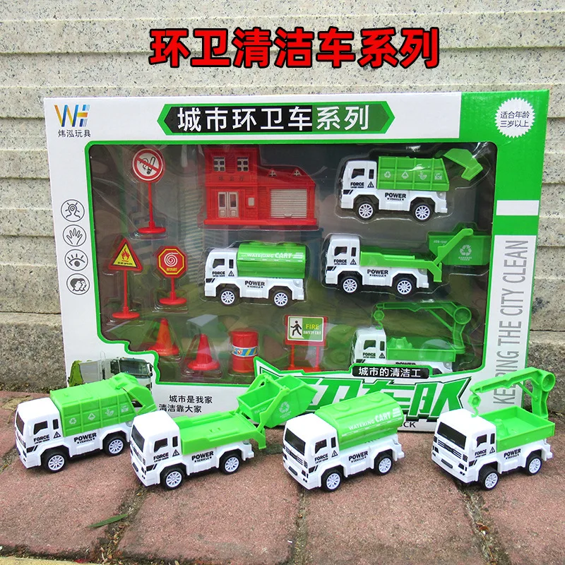 

729-15 Green Environmentally Friendly City Sanitation Motorcade Warrior Feature Firefighting Toy Car Model Cleaning Garbage Truc