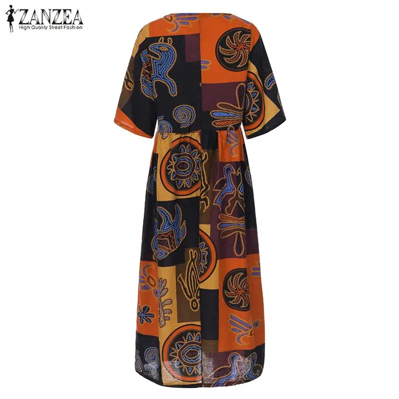 Летнее винтажное длинное платье макси Vestidos ZANZEA Женские повседневные мешковатые богемные платья с принтом кафтан пляжный Сарафан Плюс Размер