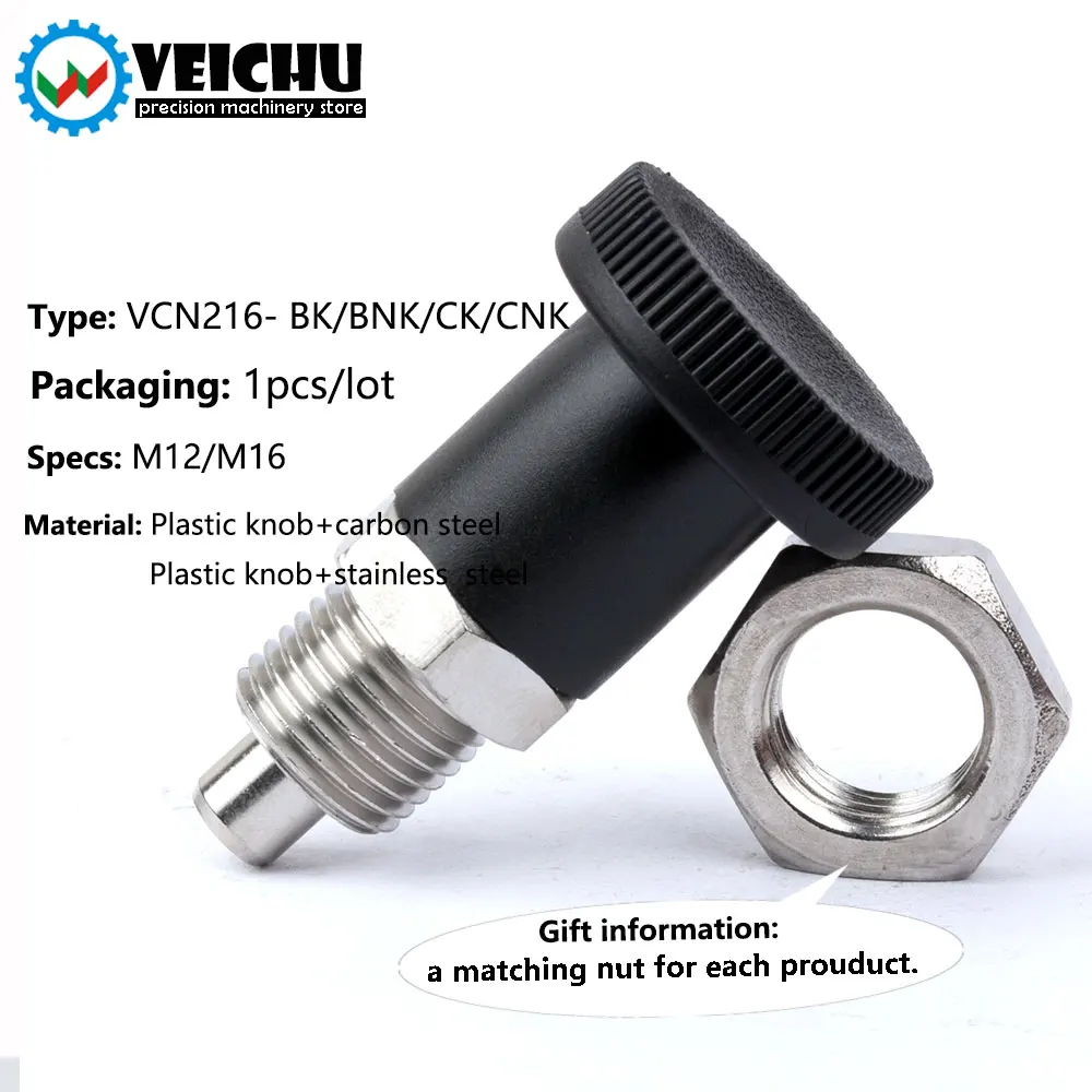 VCN216 플라스틱 손잡이 인덱스 볼트 테이퍼 팁 잠금 핀 너트가있는 자동 잠금/리턴 형 인덱싱 플런저