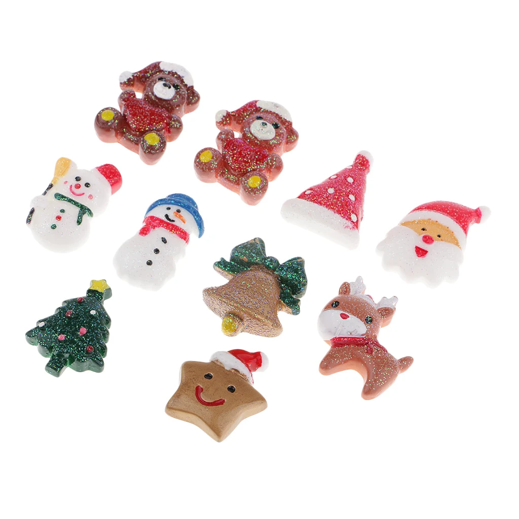 10pcs Assorted Christmas Resin Flatback Embellishment Cabochon for DIY Art Crafts Miniature Garden Ornaments Dollhouse Supplies