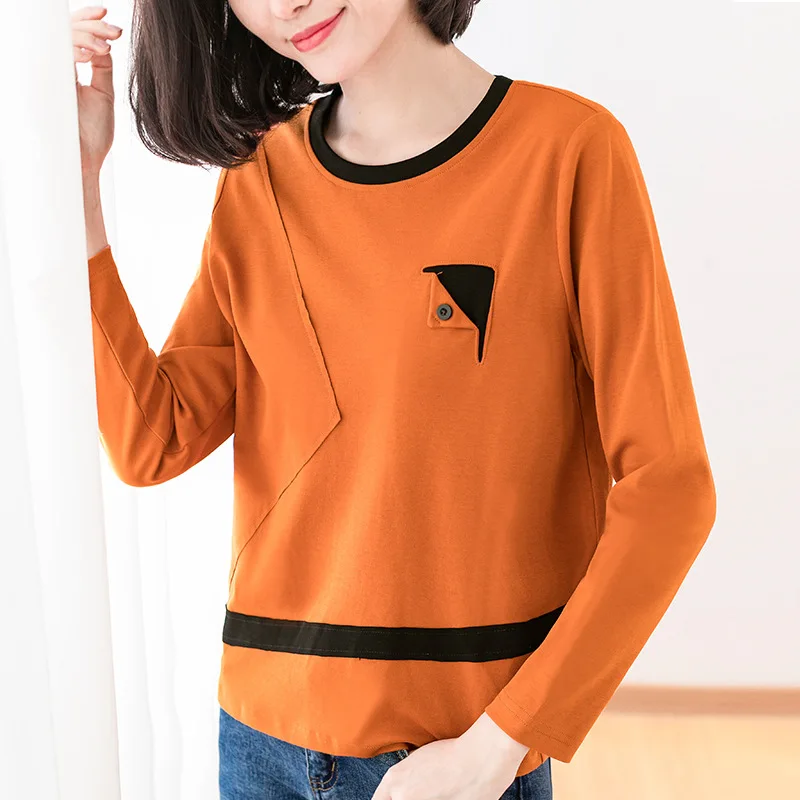 

Poleras Mujer De Moda 2019 Spring Contrast Color Long Sleeve Shirt Women T-Shirt Button Plus Size Womens Clothing Tshirt Femme