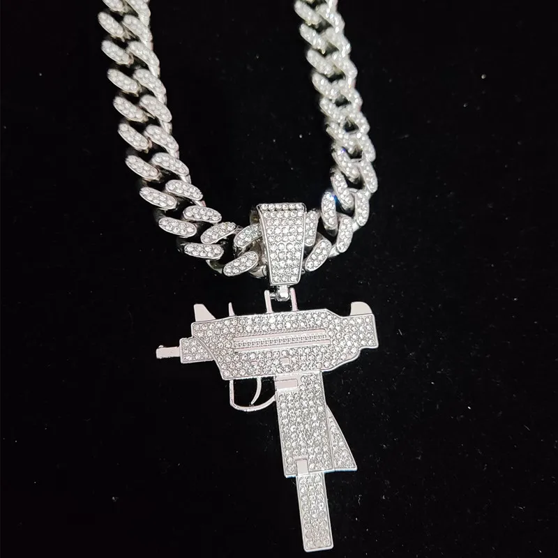 Men Women Hip Hop Iced Out Bling UZI Gun Pendant Necklace