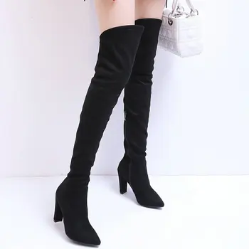 

Winter Women Boots Fashion Over the Knee Boots Square High Heels Long Boots Pointed Toe Zipper Women Shoes Black Red Gray