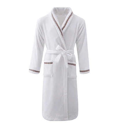 Зимнее теплое кимоно для мужчин, белый халат, одежда для сна, утолщенный фланелевый Халат с отложным воротником и v-образным вырезом, домашняя одежда, пижамы - Цвет: White 2 Men