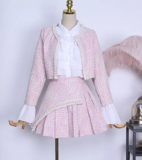 Небольшой аромат костюм Женская Осенняя одежда Комплекты из трех предметов новая женская шифоновая блузка+ твидовая куртка с жемчужинами+ шерстяные юбки