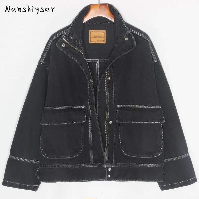 

Autumn Loose Vintage Black Denim jacket Women Plus size Stand collar Batwing sleeve Casual Jean jacket Streetwear Ropa de mujer