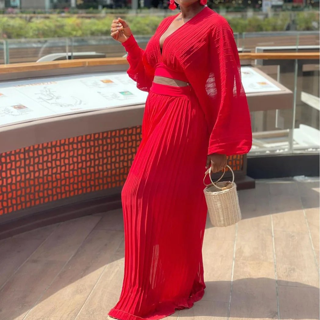 Autumn Clothes Ladies Chiffon Pleated Long Sleeved Shirt Casual High Waist Wide Leg Pants Top Pants Two Piece Set Women's Set