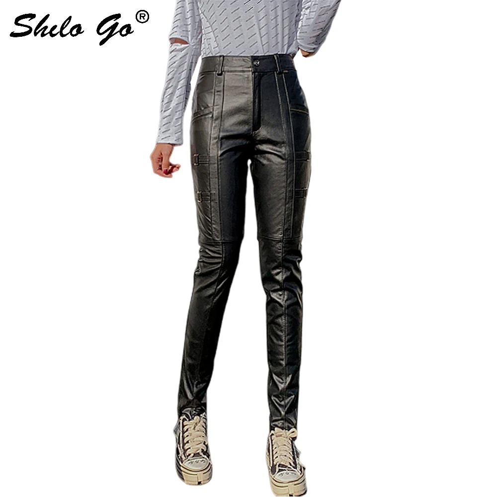 

Genuine Leather Pants Black Highstreet Moto Single Button Sheepskin Pencil Pants Women Autumn Winter Casual Slim Trousers