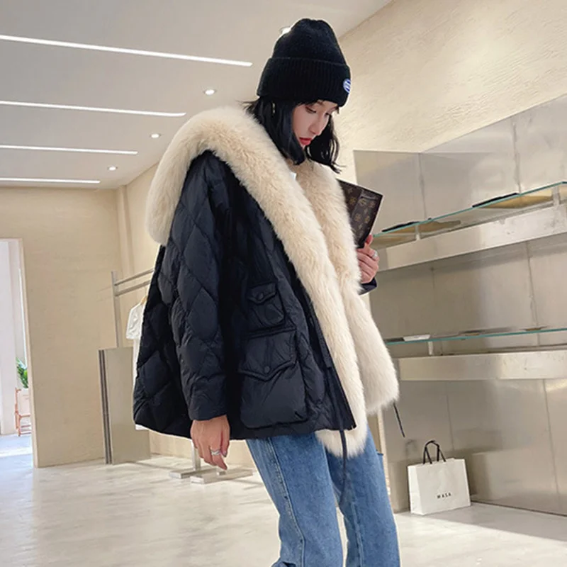 

Down Jacket Women's Winter Real Fox Fur Collar Parka Thick Warm Coat 2021 Long Sleeve Women Fluffy Fur Placket Oversize Clothes