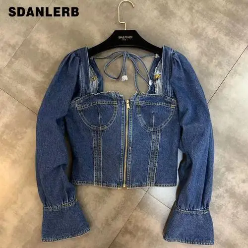 

2019 Autumn New Square Collar Horn Long-sleeved Zipper Washing Denim Jacket Women Short High Waist Shirt Blusas Lady Streetwear