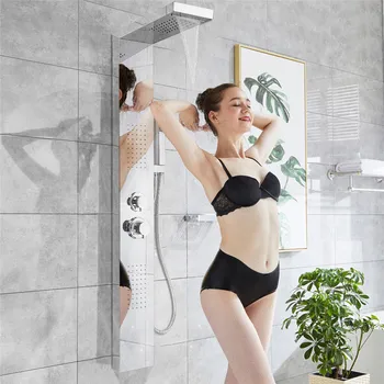 

Luxury Brushed Bathroom Shower Faucet LED Shower Panel Column Bathtub Mixer Tap Hand Shower Rain Shower System Shower Valve HWC