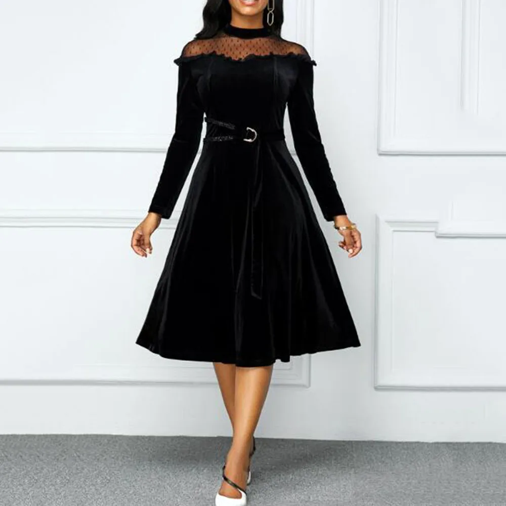 Women Dress Sexy Mesh Patchwork Velvet Midi Dresses Belt Spring Autumn Tunic Vintage Long Sleeve Banquete Party Plus Size 5XL |