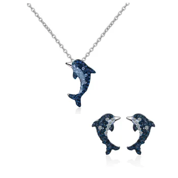 

Fashion 925 Silver Blue Zircon Cute Dolphins Jewelry Sets For Girls Women Simple Marine Animals Necklace Earring Gift Jewelry