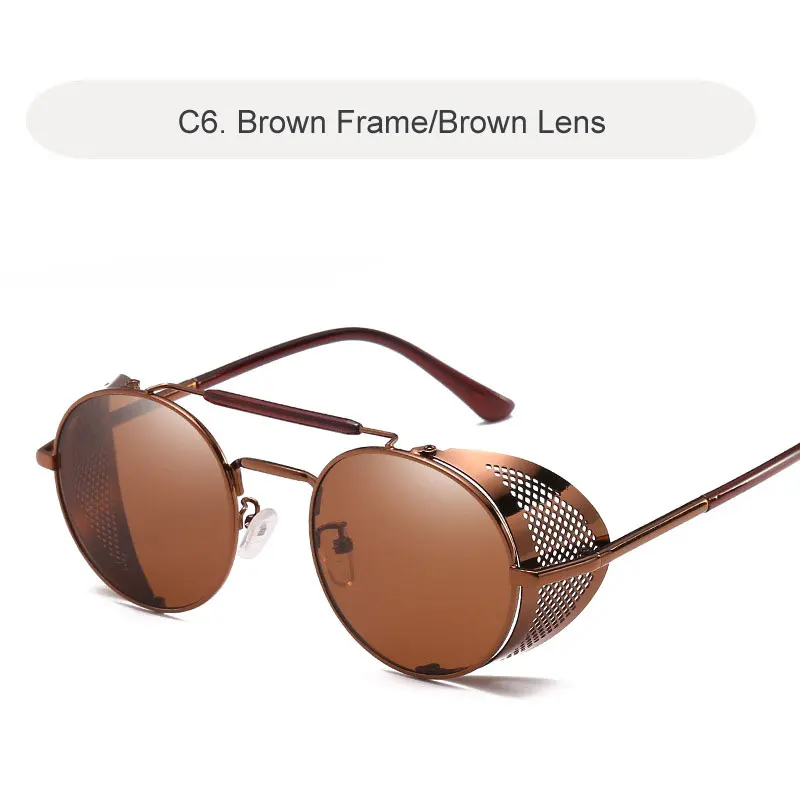C6 Brown-Brown Готические солнцезащитные очки в стиле стимпанк для мужчин и женщин круглый металлический Ретро рамка мужские солнцезащитные очки Брендовые дизайнерские Панк мужские очки - Цвет линз: C6 Brown-Brown