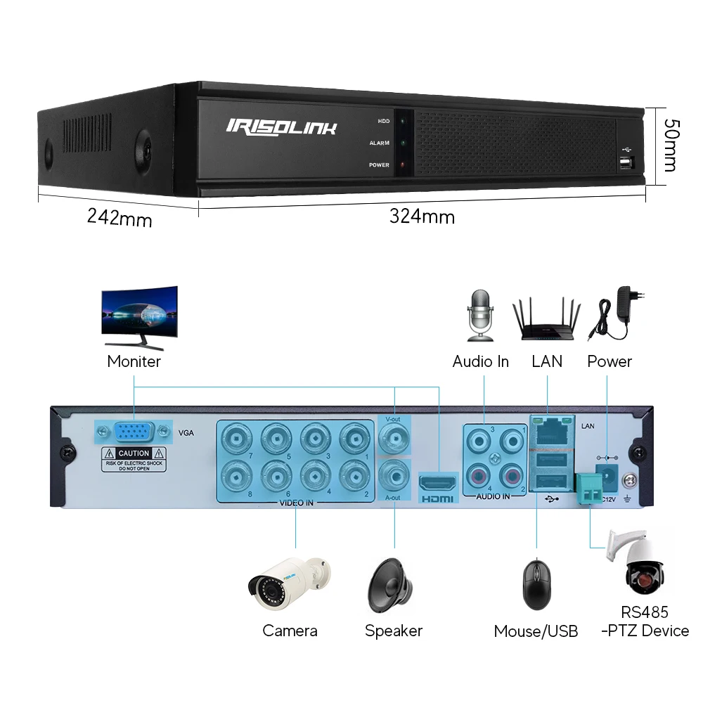 Irisolink 5MP система видеонаблюдения 8CH DVR комплект 8 шт. камеры безопасности H.265 IP66 Водонепроницаемая камера видеонаблюдения система безопасности