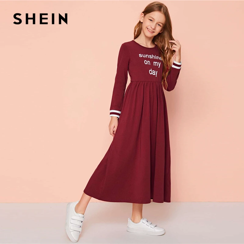 SHEIN/детское расклешенное платье макси в полоску с буквенным принтом и манжетами, осень, длинные платья трапециевидной формы с длинным рукавом и высокой талией