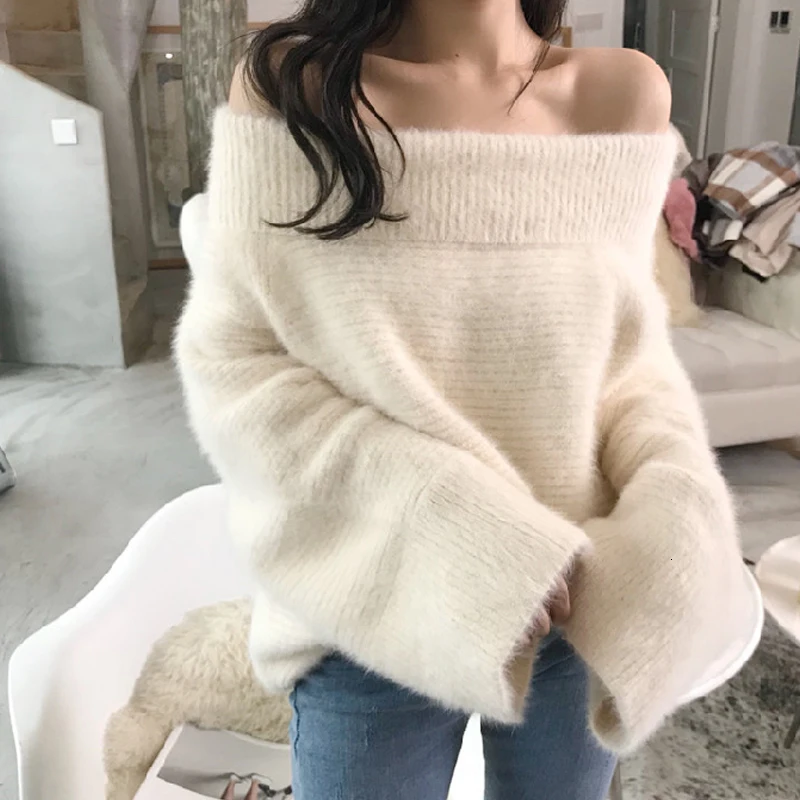 

[EWQ] 2019 Spring Autumn Slash Neck Long Sleeve Solid Patchwork Knitting Pullovers Casaul Sweater Women fashino tide AH999