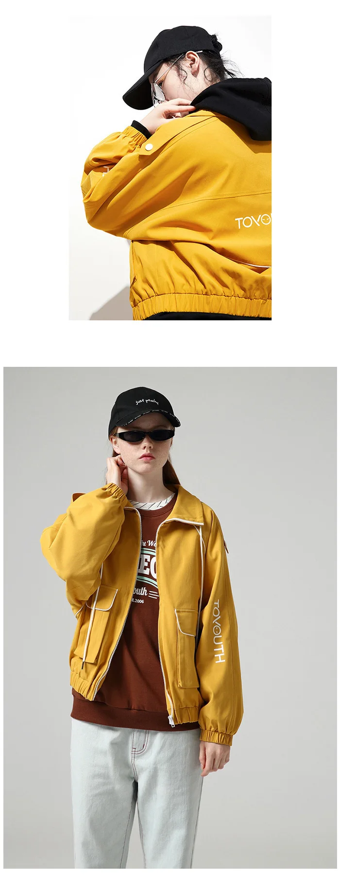 Toyouth BF ветрозащитные свободные Базовые Куртки с принтом модная Желтая верхняя одежда с большими карманами пальто