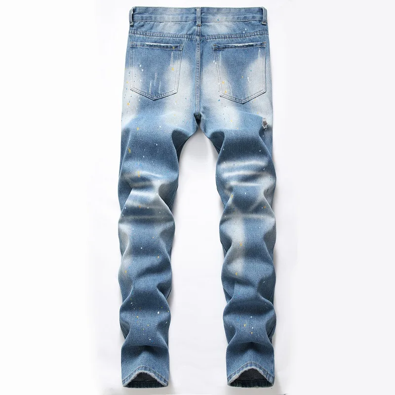 

1J splash ink jeans light blue perforated jeans trendy men's pants wholesale jeans custom wholesale jeans suppliers