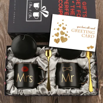 Mr and Mrs 커피 머그잔, 창의적인 커플 블랙 세라믹 컵, 신혼부부 결혼 선물, 약혼을 위한 완벽한 선물 세트