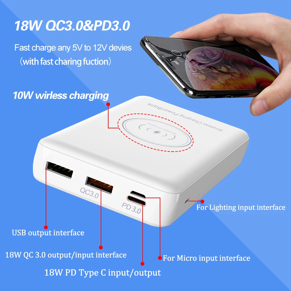  10W QI Wireless Charger 20000mAh Power Bank 18W Wired Quick Charge QC3.0 PD3.0 Powerbank Portable F