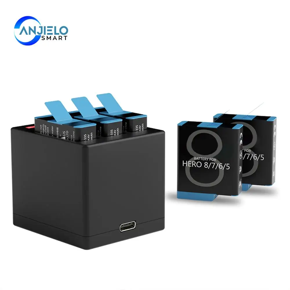 Anjielosmart-Batería de carga rápida, cargador Triple para GoPro Hero 8 Hero 7 Hero 6 Hero 5, batería de cámara negra