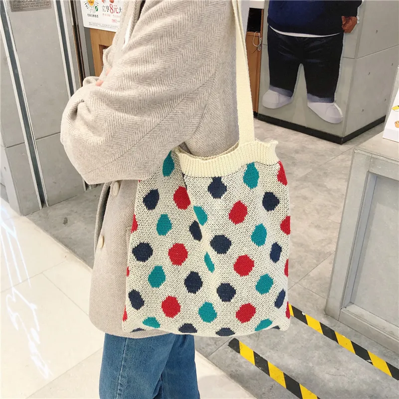 Новая сумка для покупок, Студенческая трикотажная Сумка-тоут, Хлопковая Сумка для женщин с одним плечом из шерсти