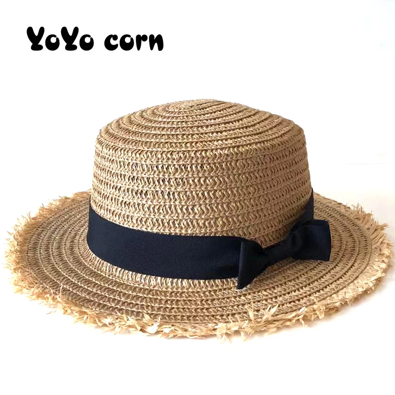 

YOYOCORN Beach Big Brim Hats Casual Summer Caps Raffia black ribbon bow hat Sun Hat Cute Hand Made Women Straw Cap Black pink