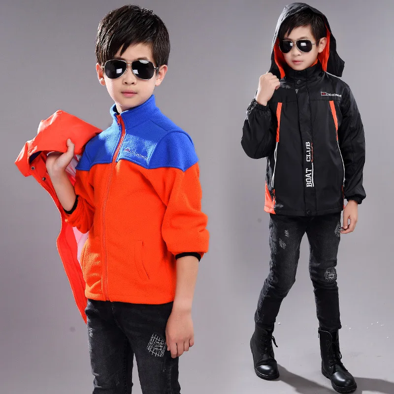 

Childrenswear BOY'S Three-in-One Deconstructable Raincoat Jacket Big Boy Outdoor Mixed Colors Hooded Coat