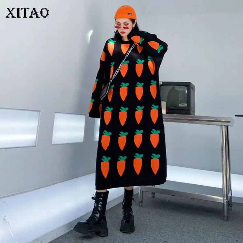 Женское длинное трикотажное платье XITAO Элегантное повседневное платье-пуловер с