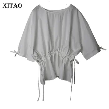 

XITAO Vintage Women Solid Tee Pullover Drawstring Causal Asymmetry Elastic Waist 2020 Summer Small Fresh Women Top DMY4961