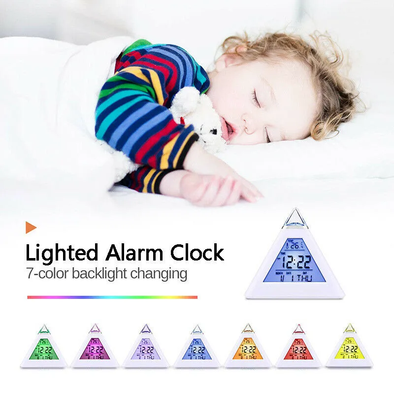 ZANCAKA Triangle clock 7 color change LED temperature display digital alarm clock decoration sound control desktop thermometer