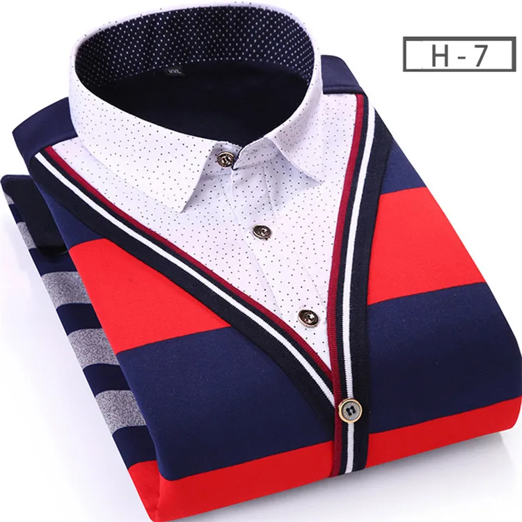Зимняя утолщенная Мужская рубашка из двух частей, повседневные мужские рубашки в полоску контрастных цветов, мужская деловая рубашка, теплая мягкая рубашка YN10551