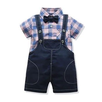 

Toddler Summer Suit for Baby Infant Boys Short Sleeve Shirt Sets New Children's Gentleman Plaid Shirt Strap Shorts Boy Clothing