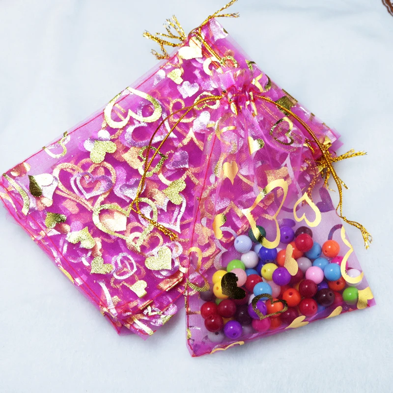 

1000pcs/lot Hot Pink Organza Bags 11x16cm Wedding Decoration Jewelry Candy Gifts Packaging Bag Pouches Heart Design Gift Bags