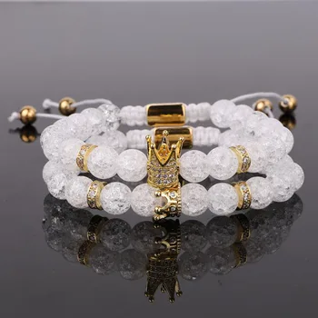 New Fashion White Crystal Beads CZ Crown&Queen Charm Macrame Bracelet Couple Jewelry