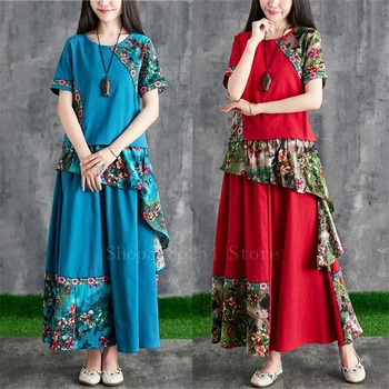 

Summer Chinese Ethnic Patchwork Irregular Traditional 2Pcs Print Linen Top Skirt Set Women Short Sleeve Cheongsam Qipao Dress