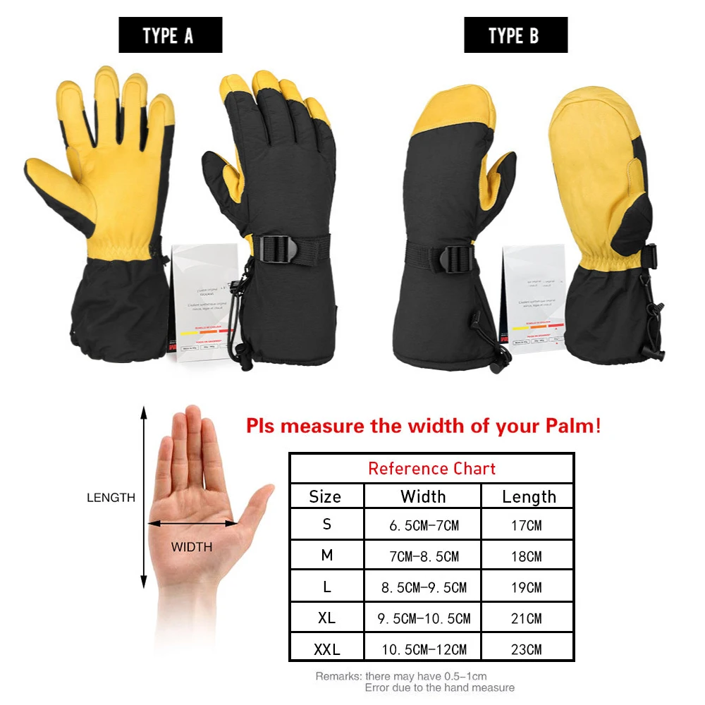 Cowhide Long Warm Ski Gloves Five-finger Waterproof Windproof Winter Snowboard Gloves Motorcycle Cycling Snow Mittens 2