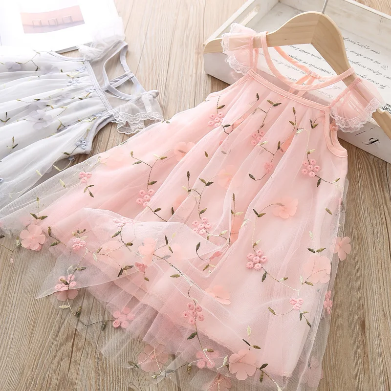 Розовые детские праздничные платья для девочек, летнее платье принцессы с цветочным рисунком повседневная одежда для девочек Одежда для маленьких девочек на день рождения 3, 6, 8 лет
