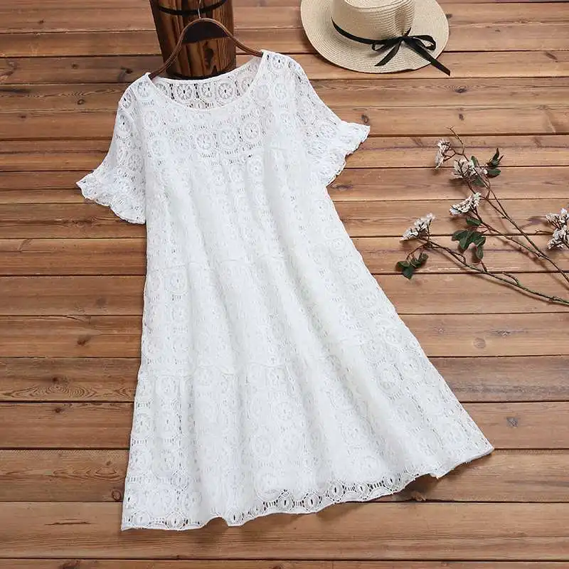 ZANZEA элегантное кружевное лоскутное платье, открытая Туника Vestidos, женское летнее платье с коротким рукавом размера плюс, Женский Повседневный Сарафан