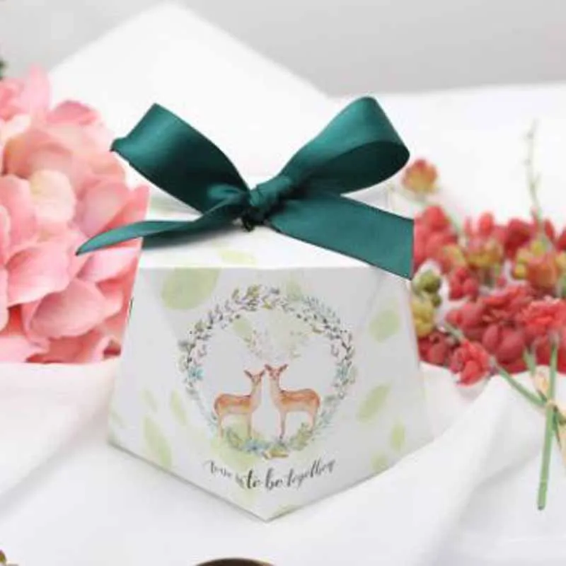 Deer box greenribbon DIY, 50 коробок+ 50 лент, 19 видов, стильная Алмазная коробка для конфет, Свадебная коробка для конфет, лесная свежая серия, Подарочная коробка для конфет, вечерние принадлежности - Цвет: Deer box greenribbon