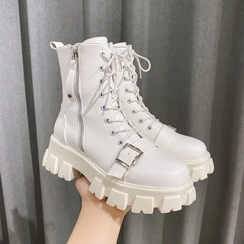 

Women shoes 2020 new woman platform boots Cross-tied motorcycle women boots Ladies white black Martin boots female ankle boots