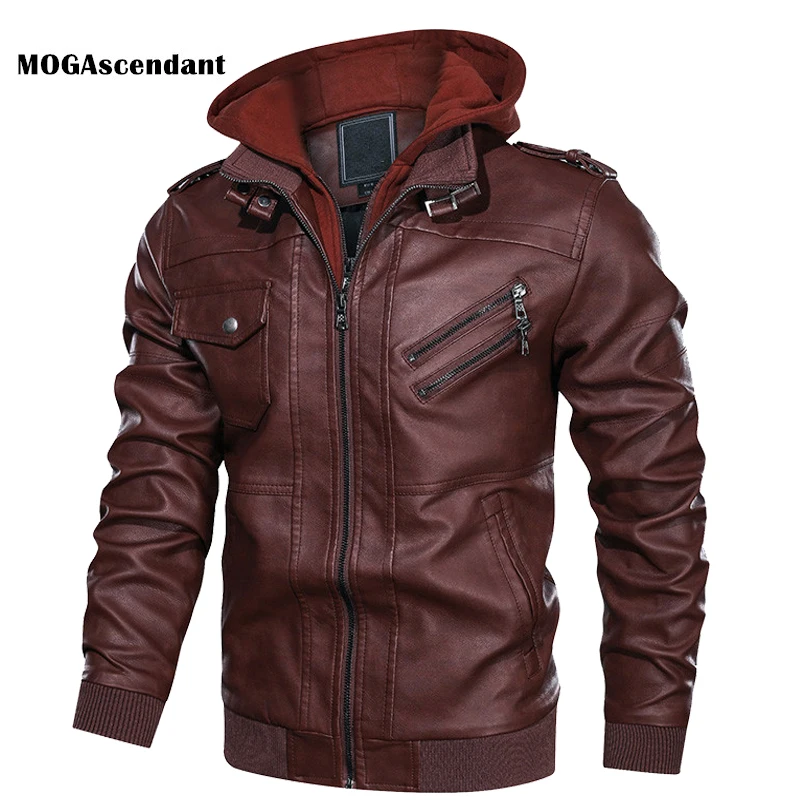 

Men's Winter Motorcycle PU Leather Jacket Windbreaker Hooded Jackets Male Autumn Outwear Coats Warm Faux Leather Jackets