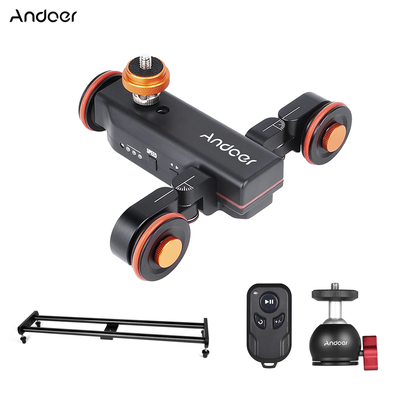 Andoer Mini Motorized Video Slider Track Dolly Rail Tabletop 3-Wheel Pulley Car Skater with Swivel Ball Head/Phone Clip/Remote Control for DSLR Camera Camcorder for iPhone X 8 7 