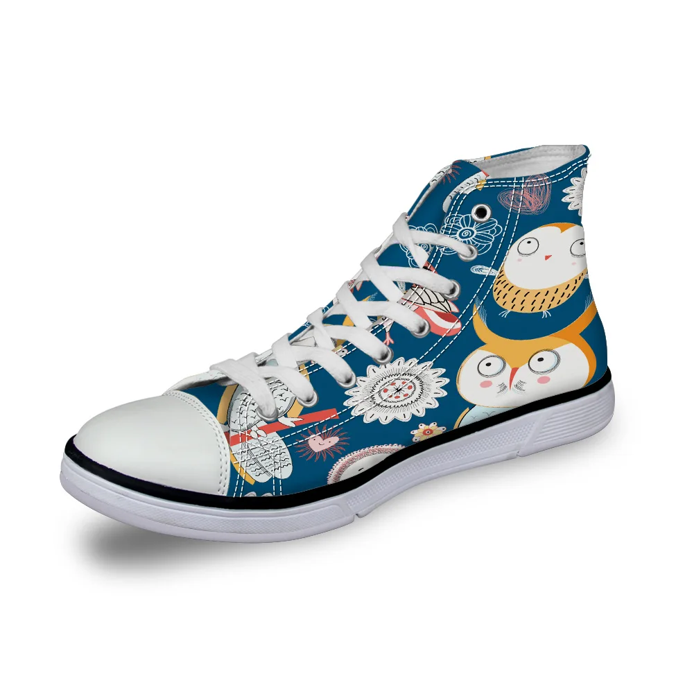 

WHEREISART Women Canvas Shoes Cartoon Owl Child High Top Flats Vulcanized Shoes Female Casual Shoes Sneakers